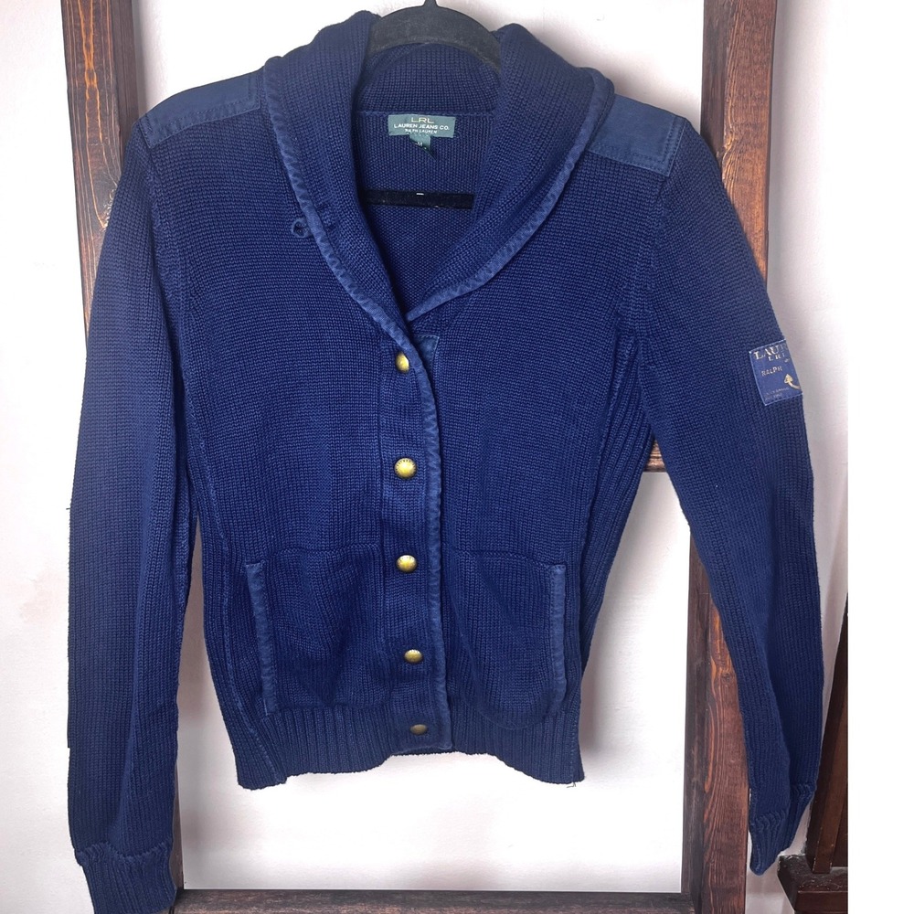 Lauren Ralph Lauren Navy Blue Cotton Shawl Collar Cardigan Elbow Patch Sweater M